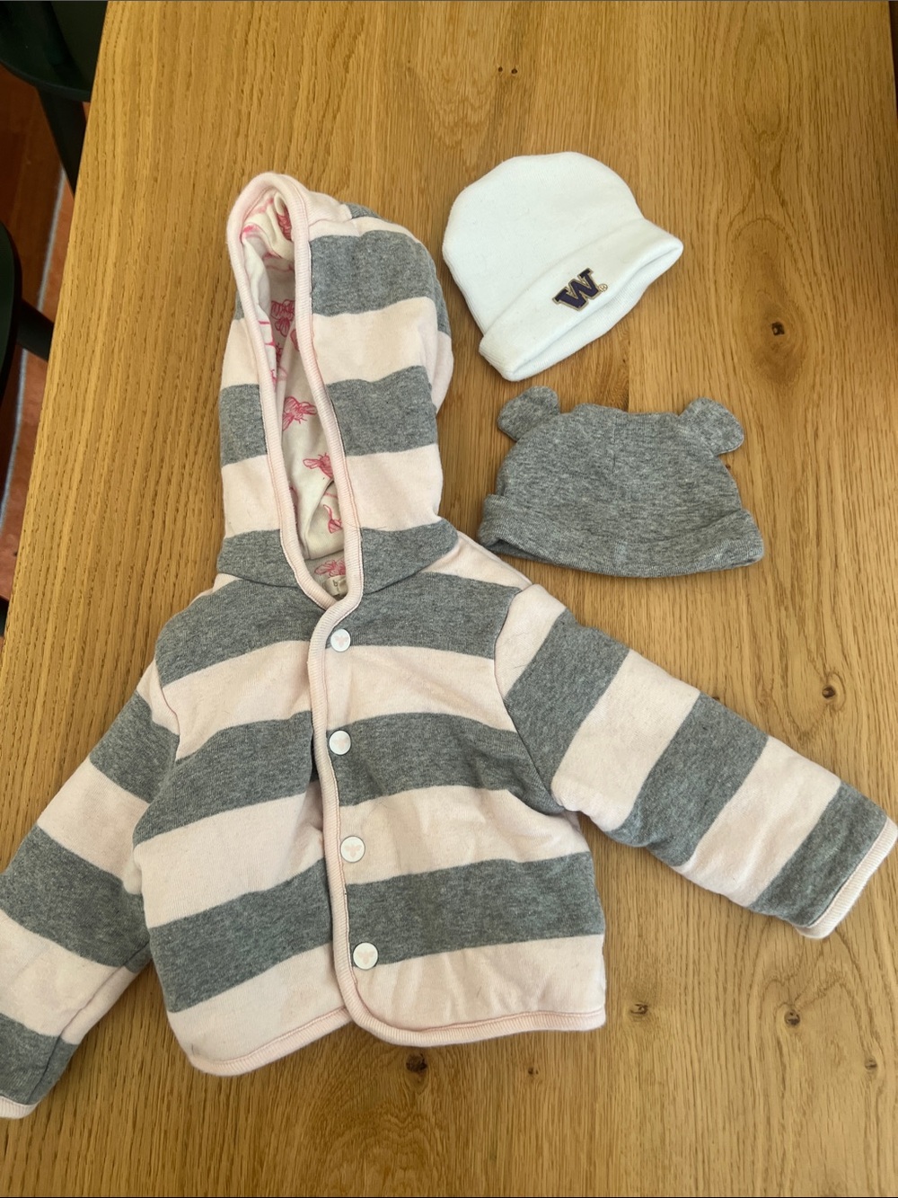Burt's Bees Baby Pink and Gray Striped Hooded Jacket with Bunny Lining